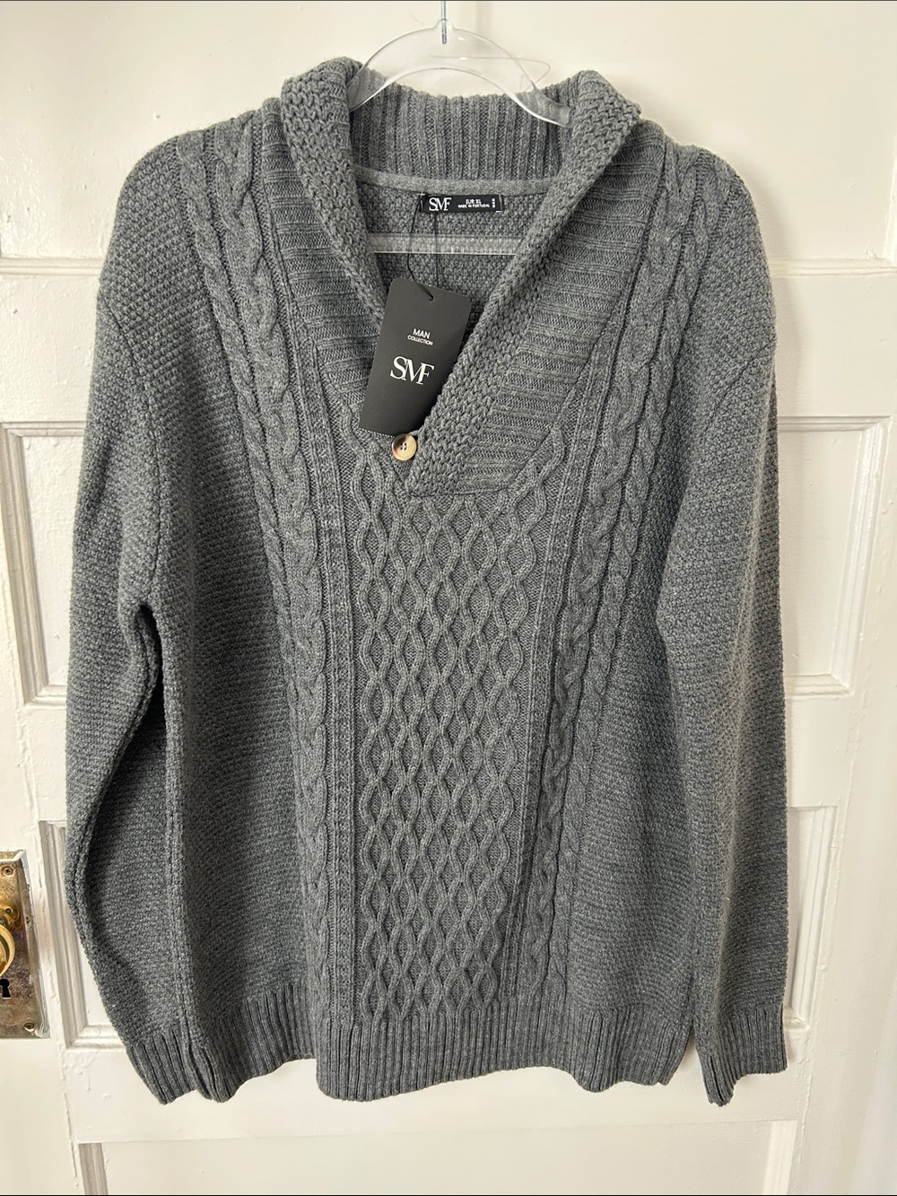 SMF - Shawl Collar Pullover Cable Knit Sweater, Men's XL, Gray, NWT